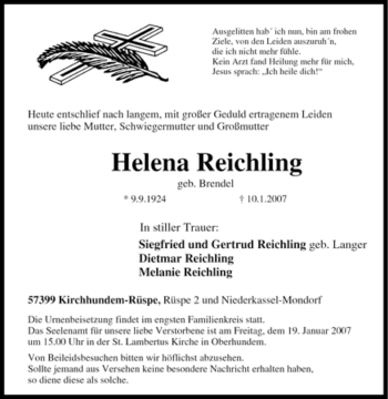 Traueranzeige von Helena Reichling von Tageszeitung