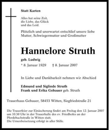 Traueranzeige von Hannelore Struth von Tageszeitung