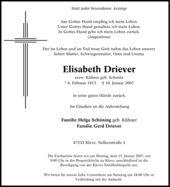 Traueranzeige von Elisabeth Driever von Tageszeitung