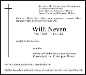 Traueranzeige von Willi Neven von Tageszeitung