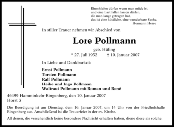 Traueranzeige von Lore Pollmann von Tageszeitung