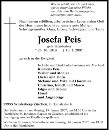 Traueranzeige von Josefa Peis von Tageszeitung