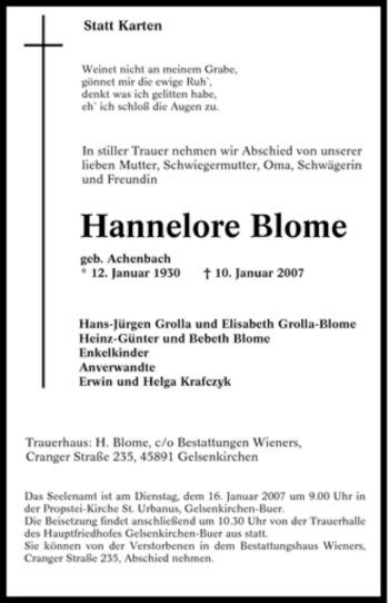 Traueranzeige von Hannelore Blome von Tageszeitung