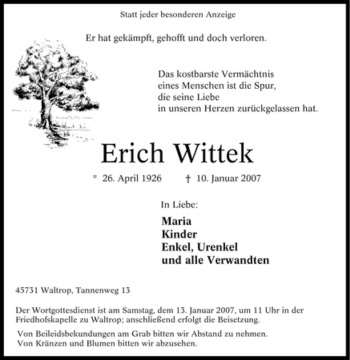 Traueranzeige von Erich Wittek von Tageszeitung