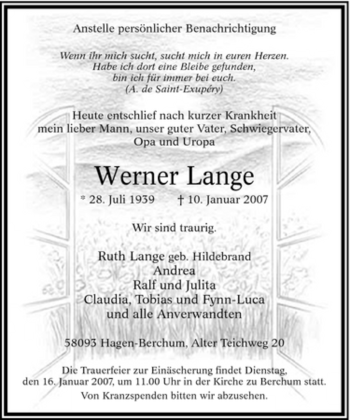 Traueranzeige von Werner Lange von Tageszeitung