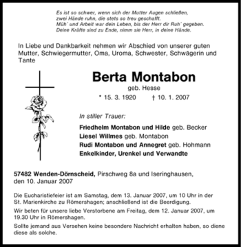 Traueranzeige von Berta Montabon von Tageszeitung