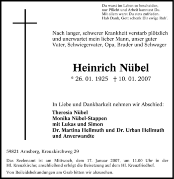 Traueranzeige von Heinrich Nübel von Tageszeitung