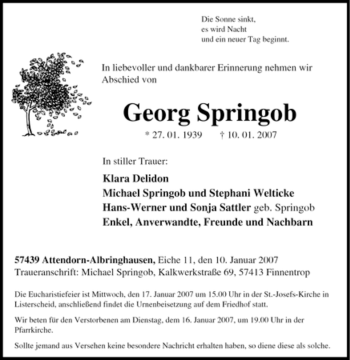 Traueranzeige von Georg Springob von Tageszeitung