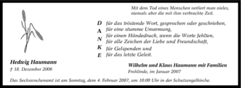 Traueranzeige von Hedwig Haumann von Tageszeitung