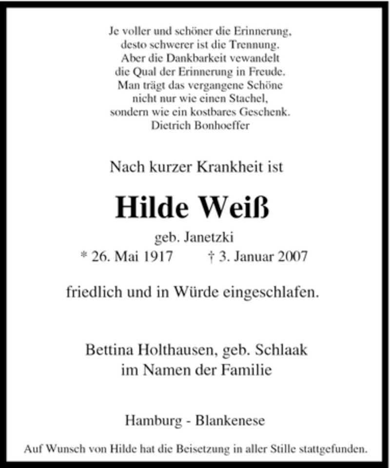  Traueranzeige für Hilde Weiß vom 13.01.2007 aus Tageszeitung