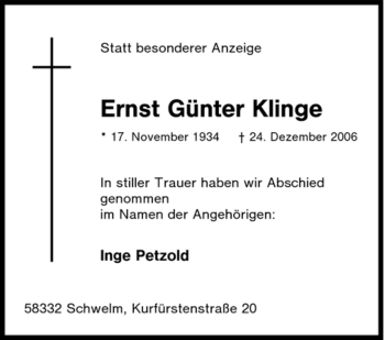 Traueranzeige von Ernst Günter Klinge von Tageszeitung