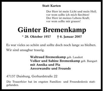Traueranzeige von Günter Bremenkamp von Tageszeitung