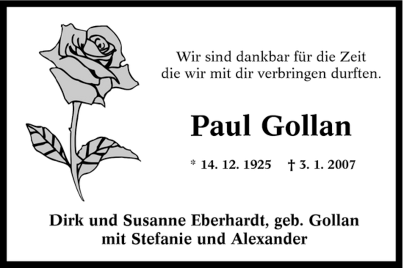  Traueranzeige für Paul Gollan vom 13.01.2007 aus Tageszeitung