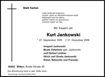 Traueranzeige von Kurt Jankowski von Tageszeitung