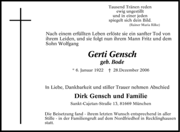 Traueranzeige von Gerti Gensch von Tageszeitung