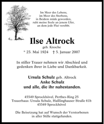 Traueranzeige von Ilse Altrock von Tageszeitung
