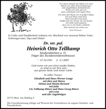 Traueranzeige von Heinrich Otto Tellkamp von Tageszeitung