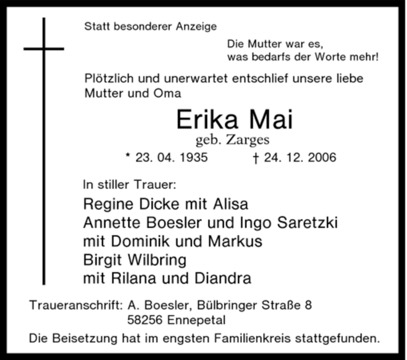  Traueranzeige für Erika Mai vom 13.01.2007 aus Tageszeitung