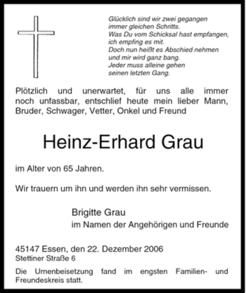 Traueranzeige von Heinz-Erhard Grau von Tageszeitung