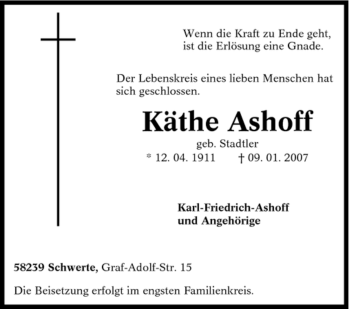 Traueranzeige von Käthe Ashoff von Tageszeitung
