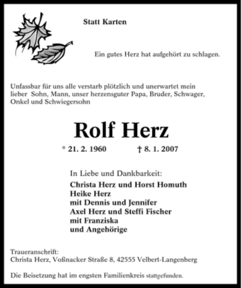 Traueranzeige von Rolf Herz von Tageszeitung