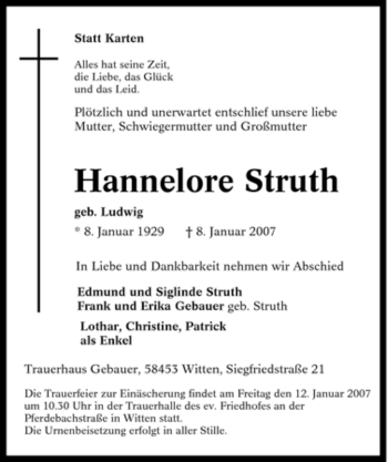Traueranzeige von Hannelore Struth von Tageszeitung