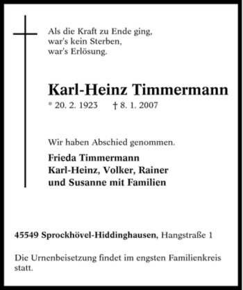 Traueranzeige von Karl-Heinz Timmermann von Tageszeitung