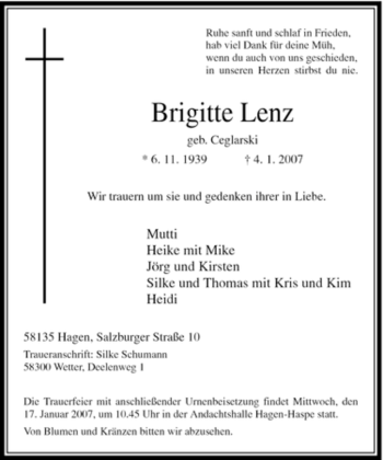 Traueranzeige von Brigitte Lenz von Tageszeitung