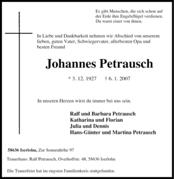 Traueranzeige von Johannes Petrausch von Tageszeitung