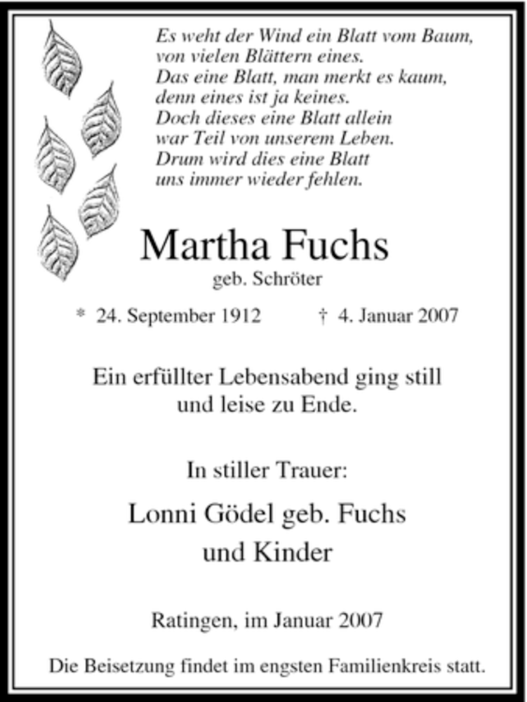  Traueranzeige für Martha Fuchs vom 13.01.2007 aus Tageszeitung