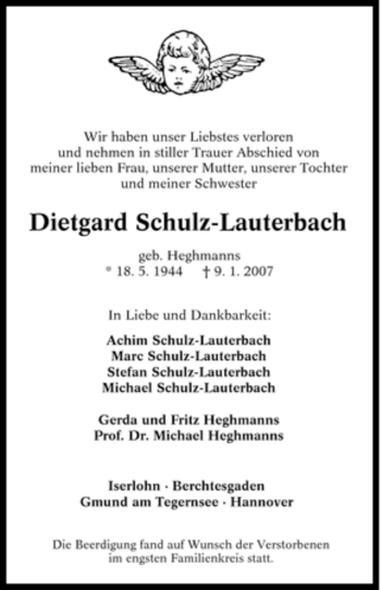 Traueranzeige von Dietgard Schulz-Lauterbach von Tageszeitung