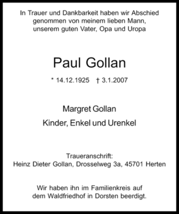 Traueranzeige von Paul Gollan von Tageszeitung