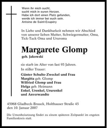 Traueranzeige von Margarete Glomp von Tageszeitung
