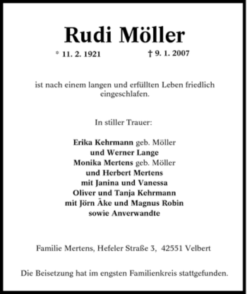 Traueranzeige von Rudi Möller von Tageszeitung