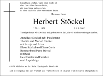 Traueranzeige von Herbert Stöckel von Tageszeitung