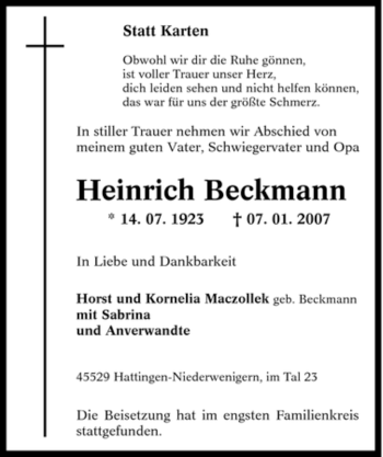 Traueranzeige von Heinrich Beckmann von Tageszeitung