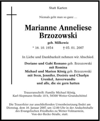 Traueranzeige von Marianne Anneliese Brzozowski von Tageszeitung