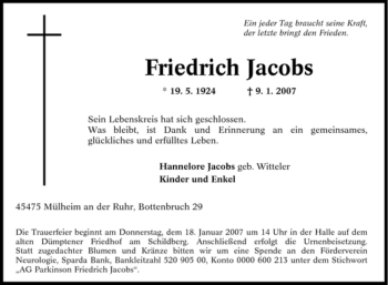 Traueranzeige von Friedrich Jacobs von Tageszeitung