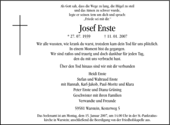 Traueranzeige von Josef Enste von Tageszeitung