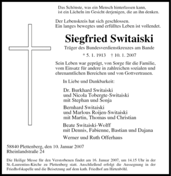 Traueranzeige von Siegfried Switaiski von Tageszeitung