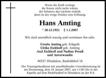 Traueranzeige von Hans Amting von Tageszeitung