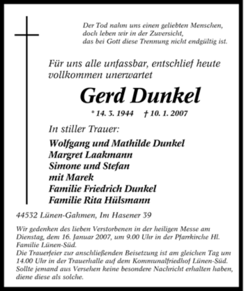 Traueranzeige von Gerd Dunkel von Tageszeitung