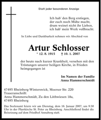 Traueranzeige von Artur Schlosser von Tageszeitung