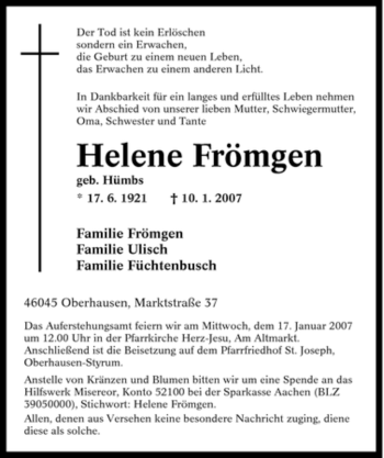 Traueranzeige von Helene Frömgen von Tageszeitung