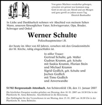 Traueranzeige von Werner Schulte von Tageszeitung