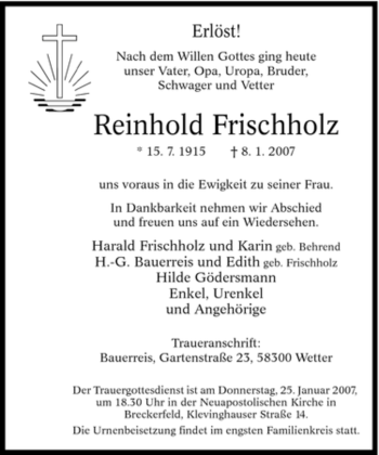 Traueranzeige von Reinhold Frischholz von Tageszeitung