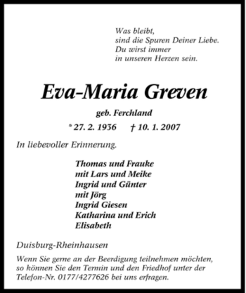 Traueranzeige von Eva-Maria Greven von Tageszeitung