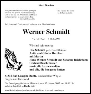 Traueranzeige von Werner Schmidt von Tageszeitung