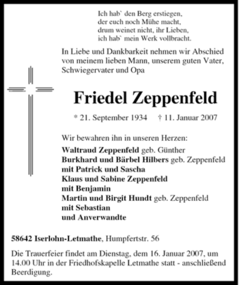 Traueranzeige von Friedel Zeppenfeld von Tageszeitung