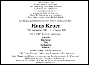 Traueranzeige von Hans Keuer von Tageszeitung
